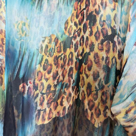 Chico's Teal Animal Print Sheer Blouse with flowy sleeves & elastic waist Medium - Picture 8 of 8